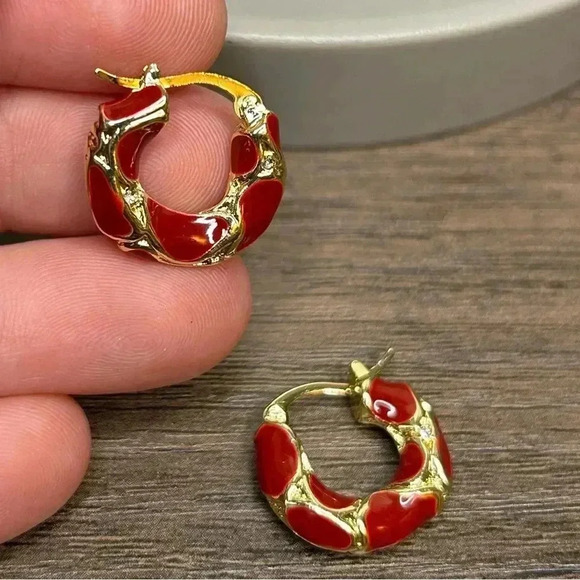 18K Gold Plated Red Enamel Hoop Earrings with Little Rhinestone Accents - Picture 2 of 4